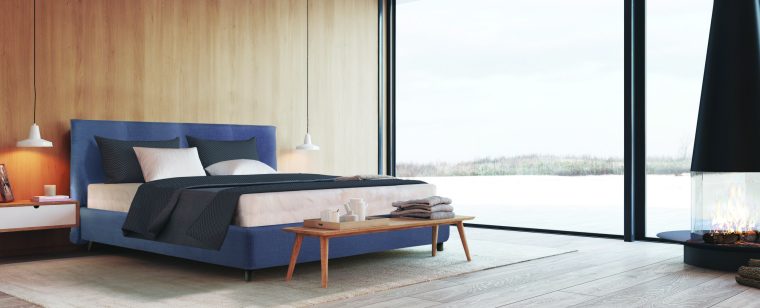 3d rendering. modern bedroom in a apartment with view.