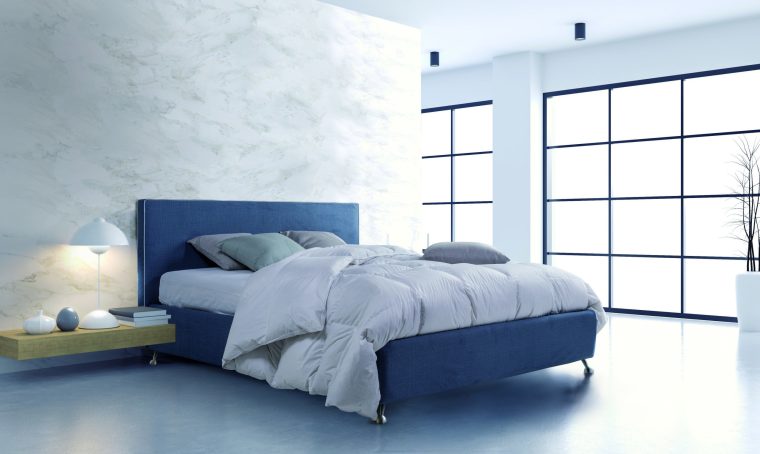 Bedroom and Modern Loft style.,Cozy white and gray room minimalist concept ,bed with Polished concrete floor and white wall ,3d rendering